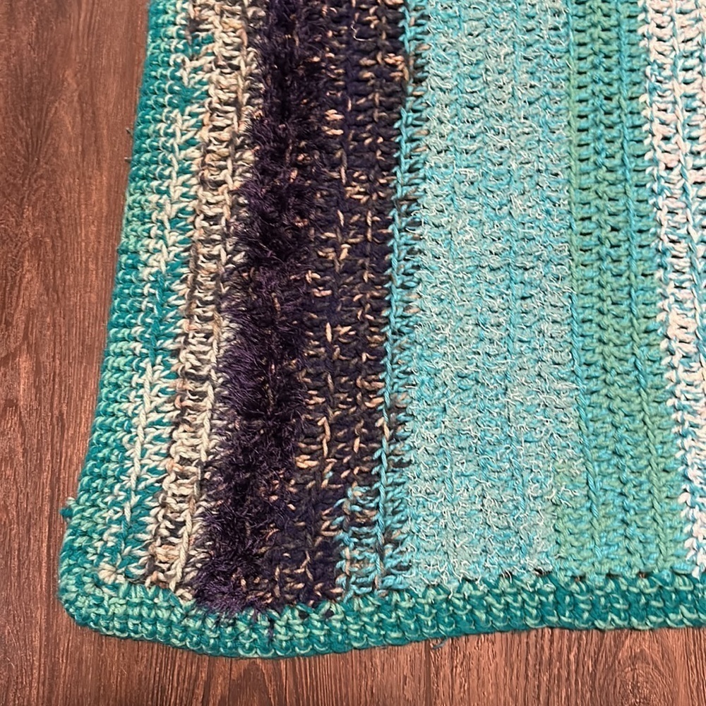 Hand made crocheted striped shades of blue heavy knit throw small blanket - Picture 6 of 7
